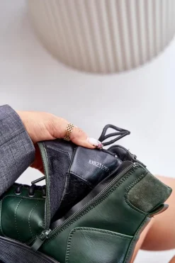 Clearance Boto Lekkie Ocieplane Botki Damskie Na Platformie I Koturnie Ciemnozielone Savindria