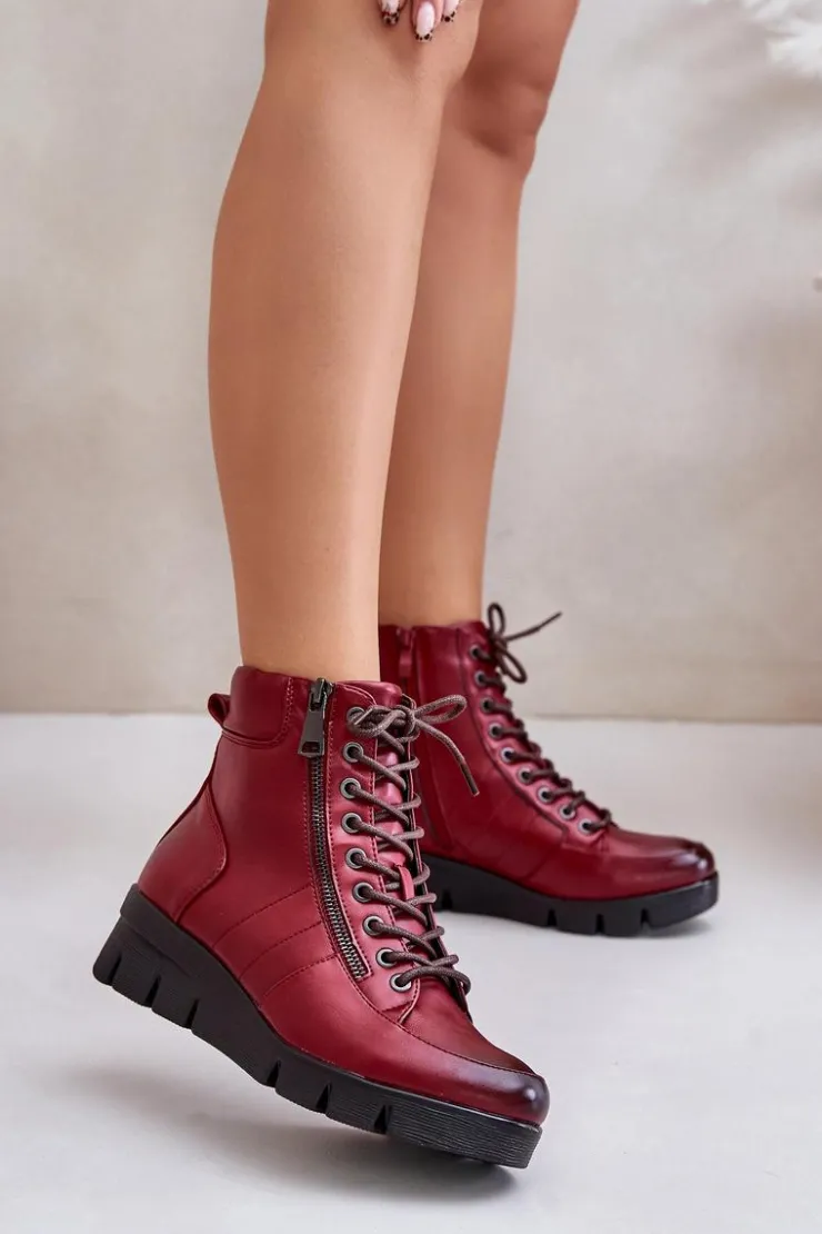 Outlet Boto Lekkie Ocieplane Botki Damskie Na Platformie I Koturnie Bordowe Savindria Czerwony