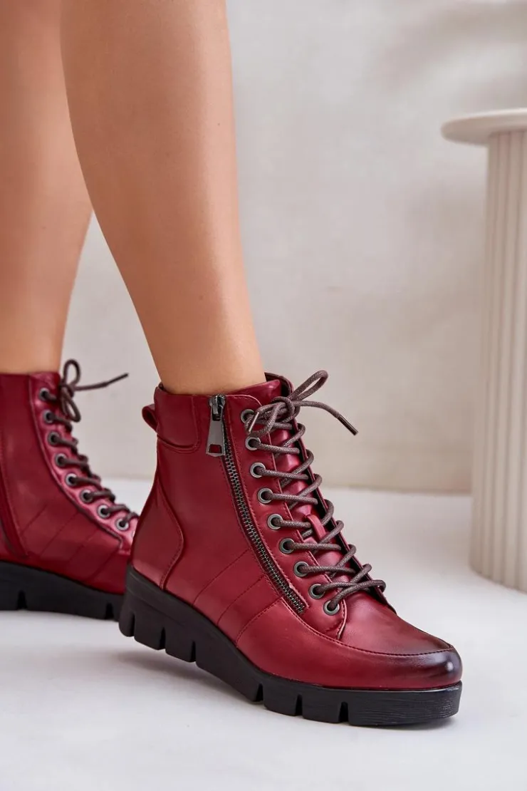 Outlet Boto Lekkie Ocieplane Botki Damskie Na Platformie I Koturnie Bordowe Savindria Czerwony