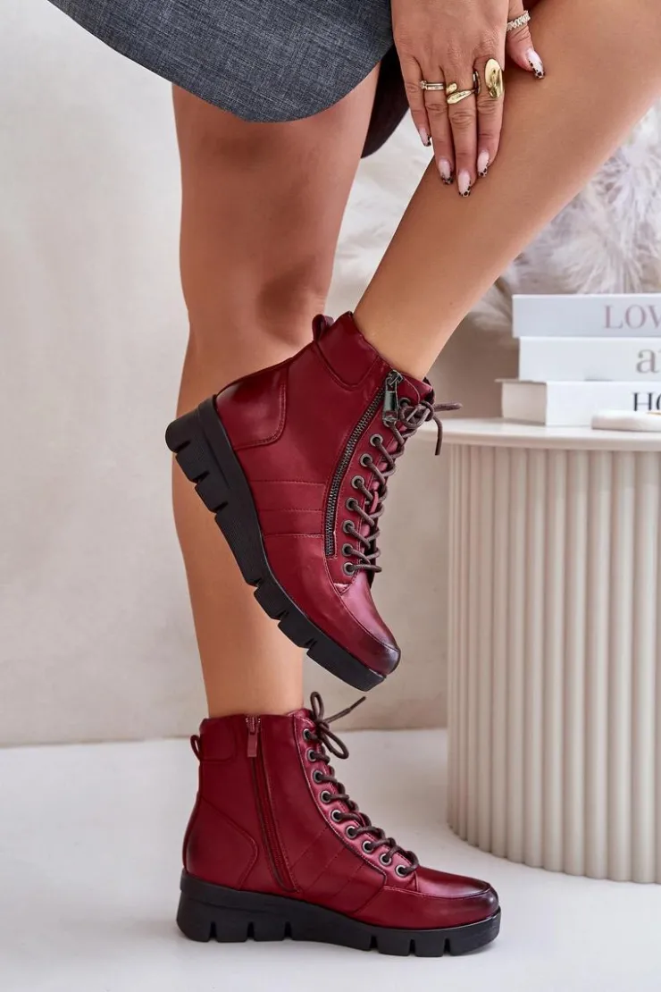 Outlet Boto Lekkie Ocieplane Botki Damskie Na Platformie I Koturnie Bordowe Savindria Czerwony