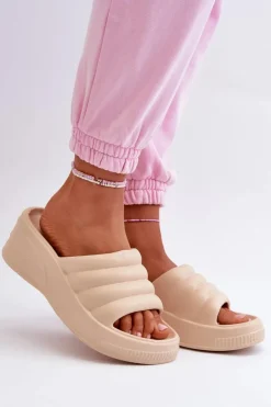 Best Boto Lekkie Piankowe Klapki Damskie Na Koturnie I Platformie Beżowe Tendrea