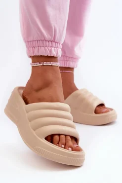 Best Boto Lekkie Piankowe Klapki Damskie Na Koturnie I Platformie Beżowe Tendrea