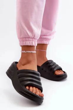 Boto Klapki Na Koturnie|Klapki Basenowe*Lekkie Piankowe Klapki Damskie Na Koturnie I Platformie Czarne Tendrea