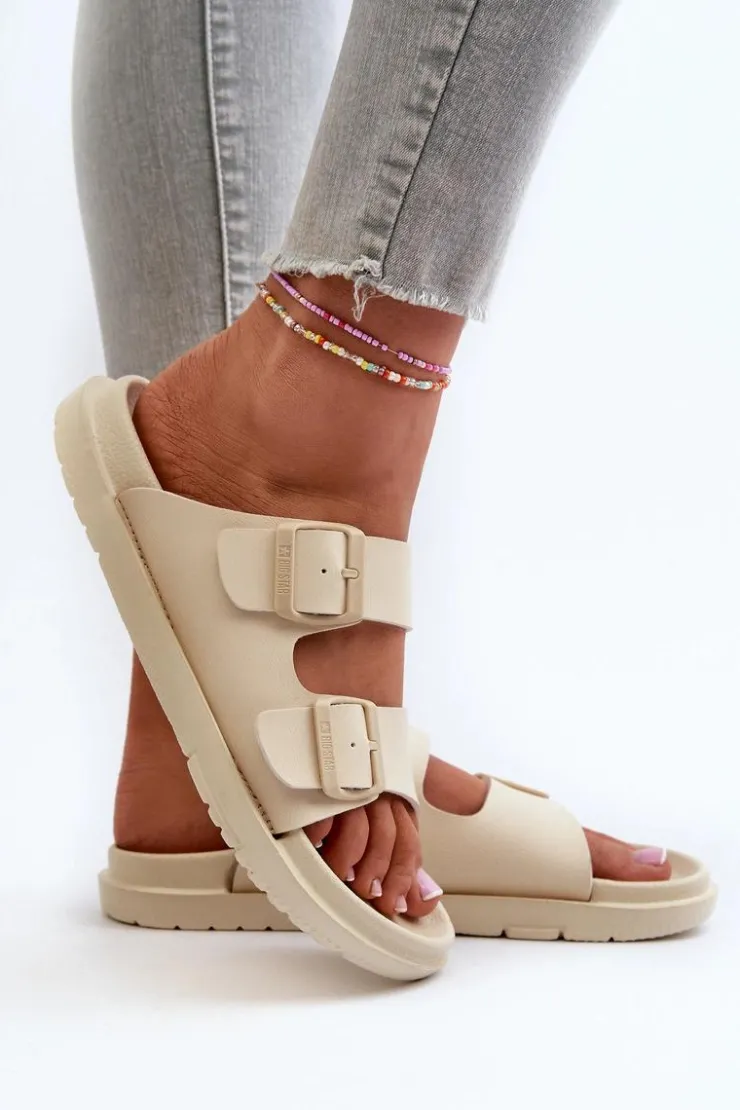 Damskie Big Star Shoes Lekkie Piankowe Klapki Damskie Z Klamrami Big Star NN274A752 Beżowe