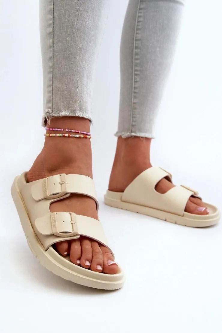 Damskie Big Star Shoes Lekkie Piankowe Klapki Damskie Z Klamrami Big Star NN274A752 Beżowe