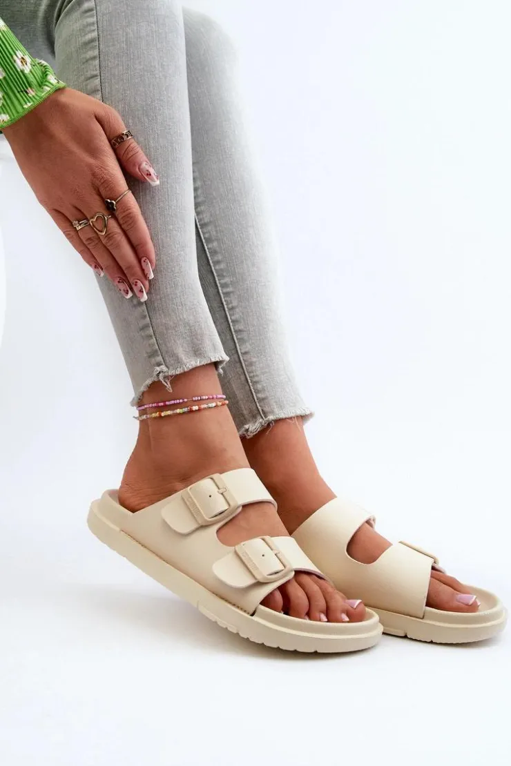 Damskie Big Star Shoes Lekkie Piankowe Klapki Damskie Z Klamrami Big Star NN274A752 Beżowe