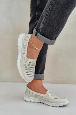Evento Loafersy Damskie|Mokasyny Damskie Skórzane*Lekkie Skórzane Ażurowe Mokasyny Damskie Na Platformie Beżowe Tanelora