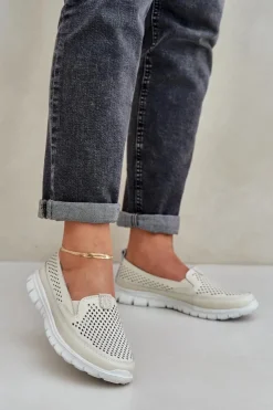 Evento Loafersy Damskie|Mokasyny Damskie Skórzane*Lekkie Skórzane Ażurowe Mokasyny Damskie Na Platformie Beżowe Tanelora