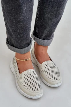 Evento Loafersy Damskie|Mokasyny Damskie Skórzane*Lekkie Skórzane Ażurowe Mokasyny Damskie Na Platformie Beżowe Tanelora