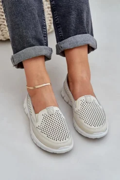 Evento Loafersy Damskie|Mokasyny Damskie Skórzane*Lekkie Skórzane Ażurowe Mokasyny Damskie Na Platformie Beżowe Tanelora
