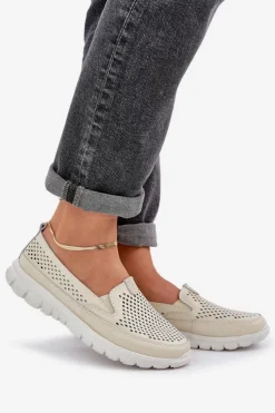 Evento Loafersy Damskie|Mokasyny Damskie Skórzane*Lekkie Skórzane Ażurowe Mokasyny Damskie Na Platformie Beżowe Tanelora