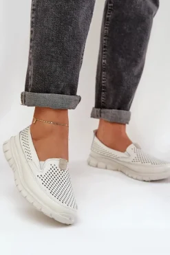 Damskie Evento Lekkie Skórzane Ażurowe Mokasyny Damskie Na Platformie Białe Tanelora