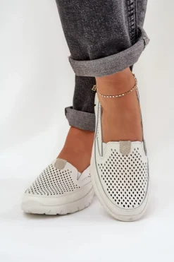 Damskie Evento Lekkie Skórzane Ażurowe Mokasyny Damskie Na Platformie Białe Tanelora