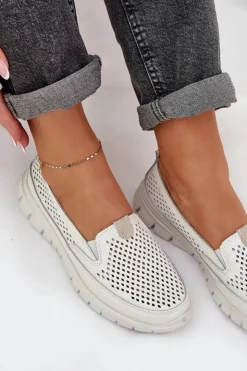 Damskie Evento Lekkie Skórzane Ażurowe Mokasyny Damskie Na Platformie Białe Tanelora