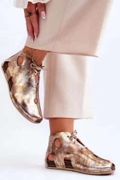 Maciejka Sandały Płaskie|Botki Wiosenne*Lekkie Skórzane Botki 03426-42 Złote Złoty