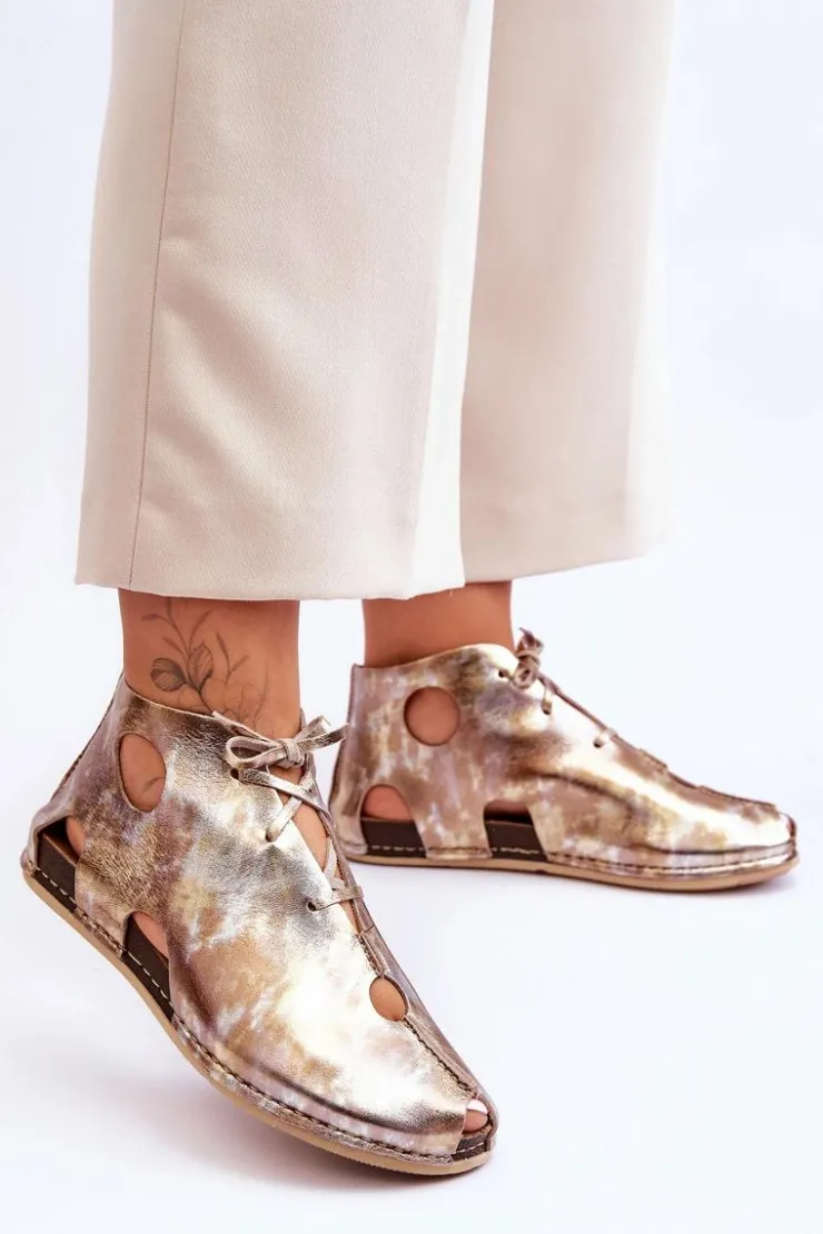 Maciejka Sandały Płaskie|Botki Wiosenne*Lekkie Skórzane Botki 03426-42 Złote Złoty