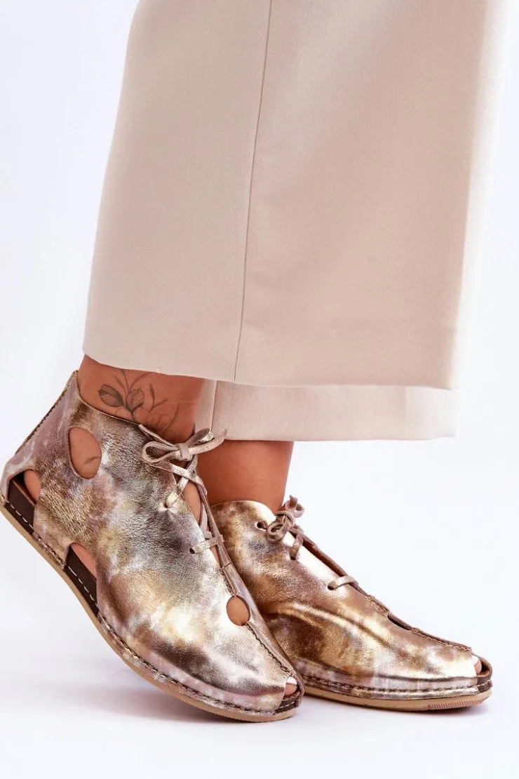 Maciejka Sandały Płaskie|Botki Wiosenne*Lekkie Skórzane Botki 03426-42 Złote Złoty