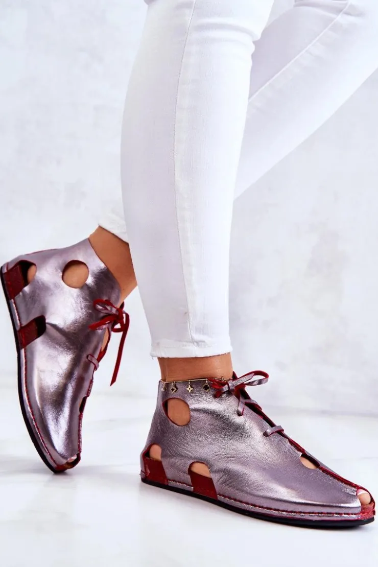 Maciejka Sandały Płaskie|Botki Wiosenne*Lekkie Skórzane Botki 03426-20 Srebrno-Czerwone