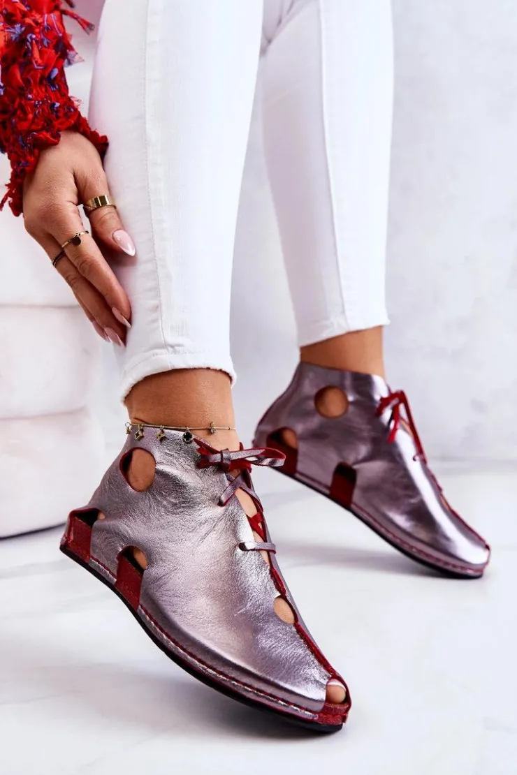 Maciejka Sandały Płaskie|Botki Wiosenne*Lekkie Skórzane Botki 03426-20 Srebrno-Czerwone