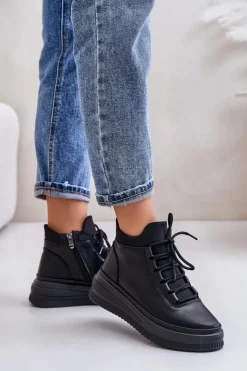 Damskie Artiker Lekkie Skórzane Buty Sportowe Na Platformie 55C1041 Czarne