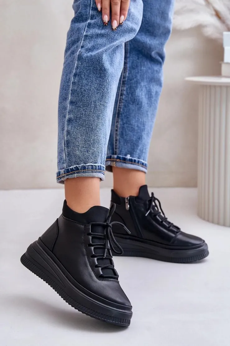 Damskie Artiker Lekkie Skórzane Buty Sportowe Na Platformie 55C1041 Czarne