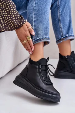 Damskie Artiker Lekkie Skórzane Buty Sportowe Na Platformie 55C1041 Czarne