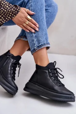Damskie Artiker Lekkie Skórzane Buty Sportowe Na Platformie 55C1041 Czarne