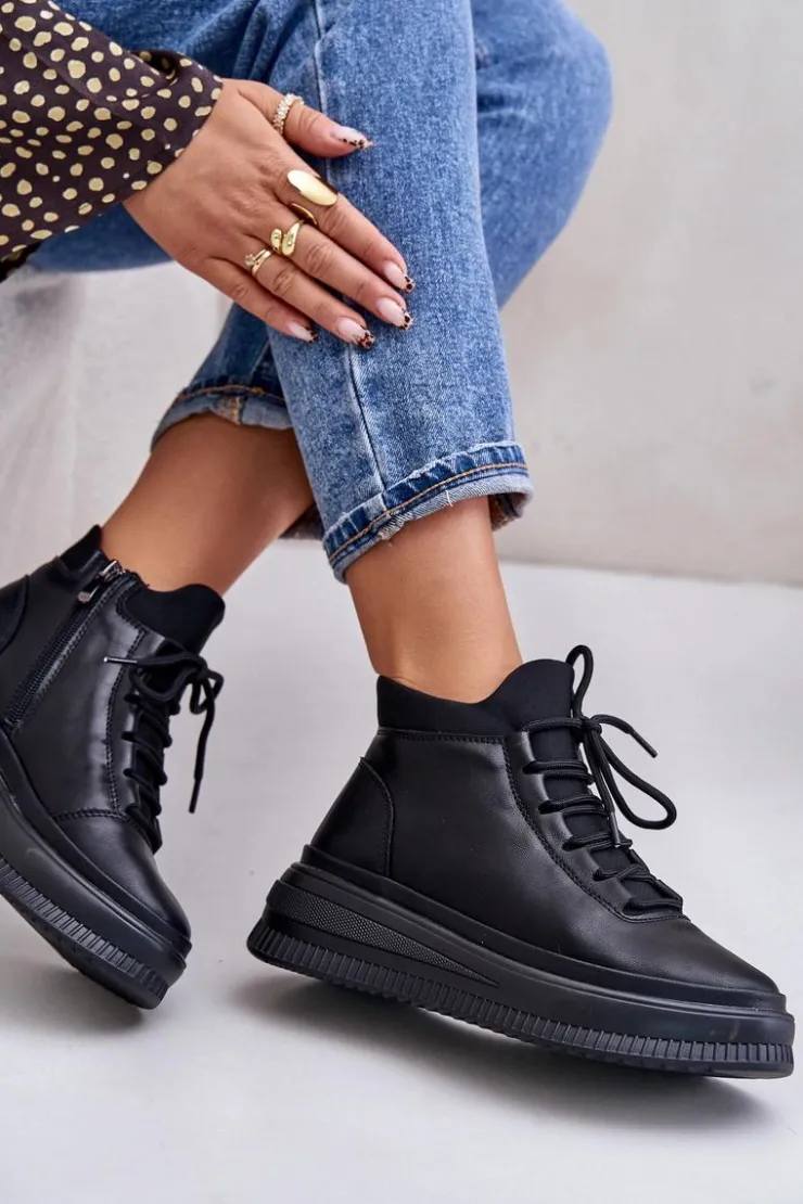 Damskie Artiker Lekkie Skórzane Buty Sportowe Na Platformie 55C1041 Czarne