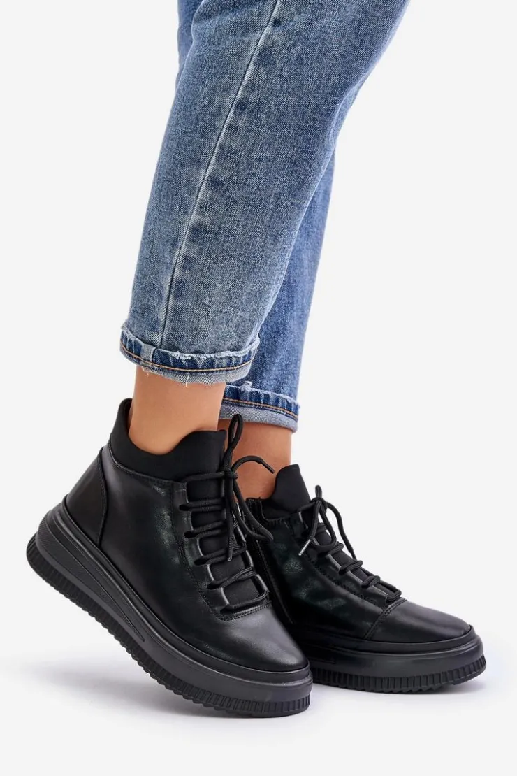 Damskie Artiker Lekkie Skórzane Buty Sportowe Na Platformie 55C1041 Czarne