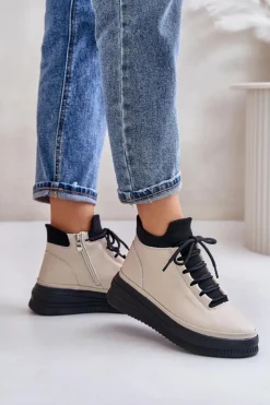 Artiker Buty Sportowe Na Platformie*Lekkie Skórzane Buty Sportowe Na Platformie 55C0554 Beżowe Beżowy