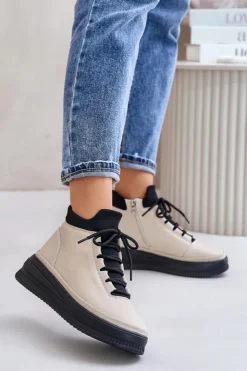 Artiker Buty Sportowe Na Platformie*Lekkie Skórzane Buty Sportowe Na Platformie 55C0554 Beżowe Beżowy