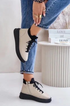 Artiker Buty Sportowe Na Platformie*Lekkie Skórzane Buty Sportowe Na Platformie 55C0554 Beżowe Beżowy