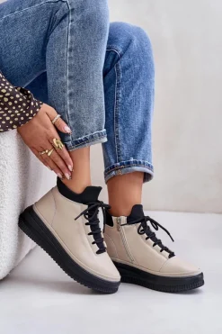 Artiker Buty Sportowe Na Platformie*Lekkie Skórzane Buty Sportowe Na Platformie 55C0554 Beżowe Beżowy