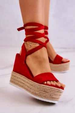 Damskie Boto Lekkie Wiązane Sandały Na Koturnie Czerwone Marriett