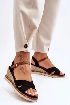 Boto Sandały Na Koturnie*Lekkie Zamszowe Sandały Na Koturnie Czarne Celine