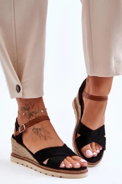 Boto Sandały Na Koturnie*Lekkie Zamszowe Sandały Na Koturnie Czarne Celine