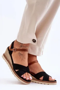 Boto Sandały Na Koturnie*Lekkie Zamszowe Sandały Na Koturnie Czarne Celine