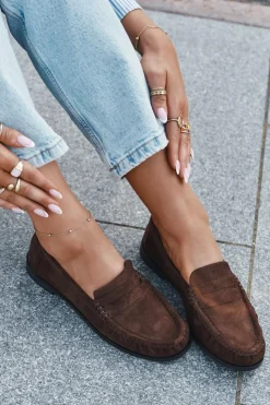 Damskie Boto Loafersy Damskie Na Płaskim Obcasie Z Eko Zamszu Brązowe Rivianne