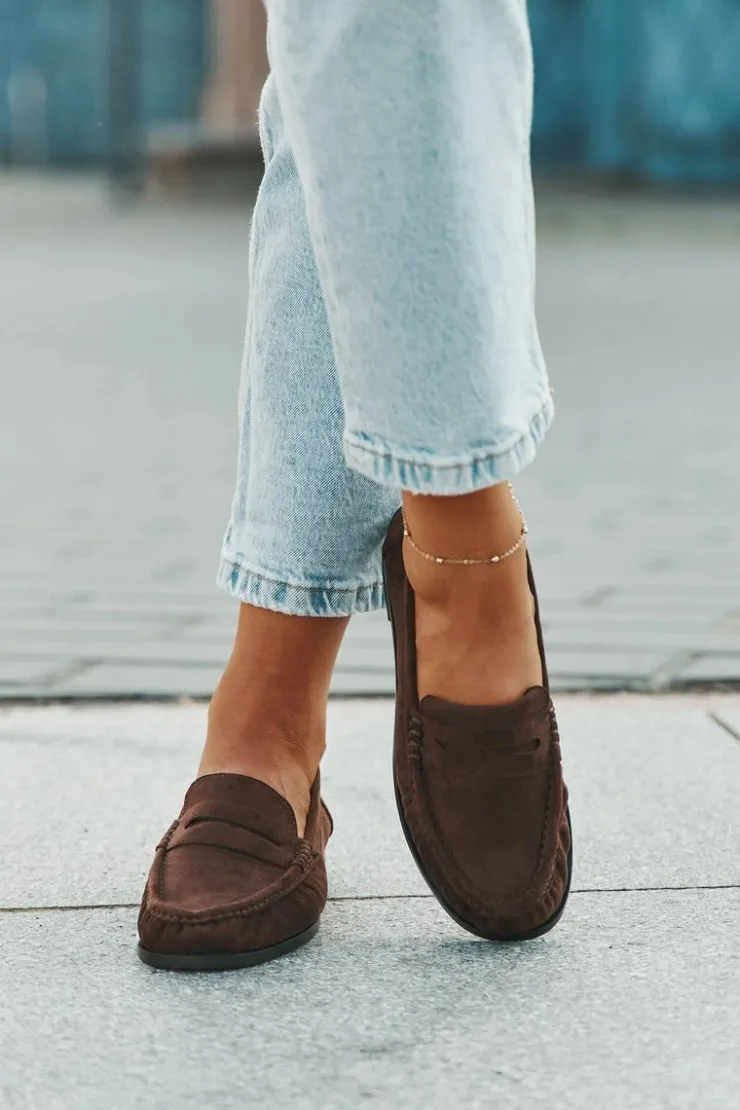 Damskie Boto Loafersy Damskie Na Płaskim Obcasie Z Eko Zamszu Brązowe Rivianne