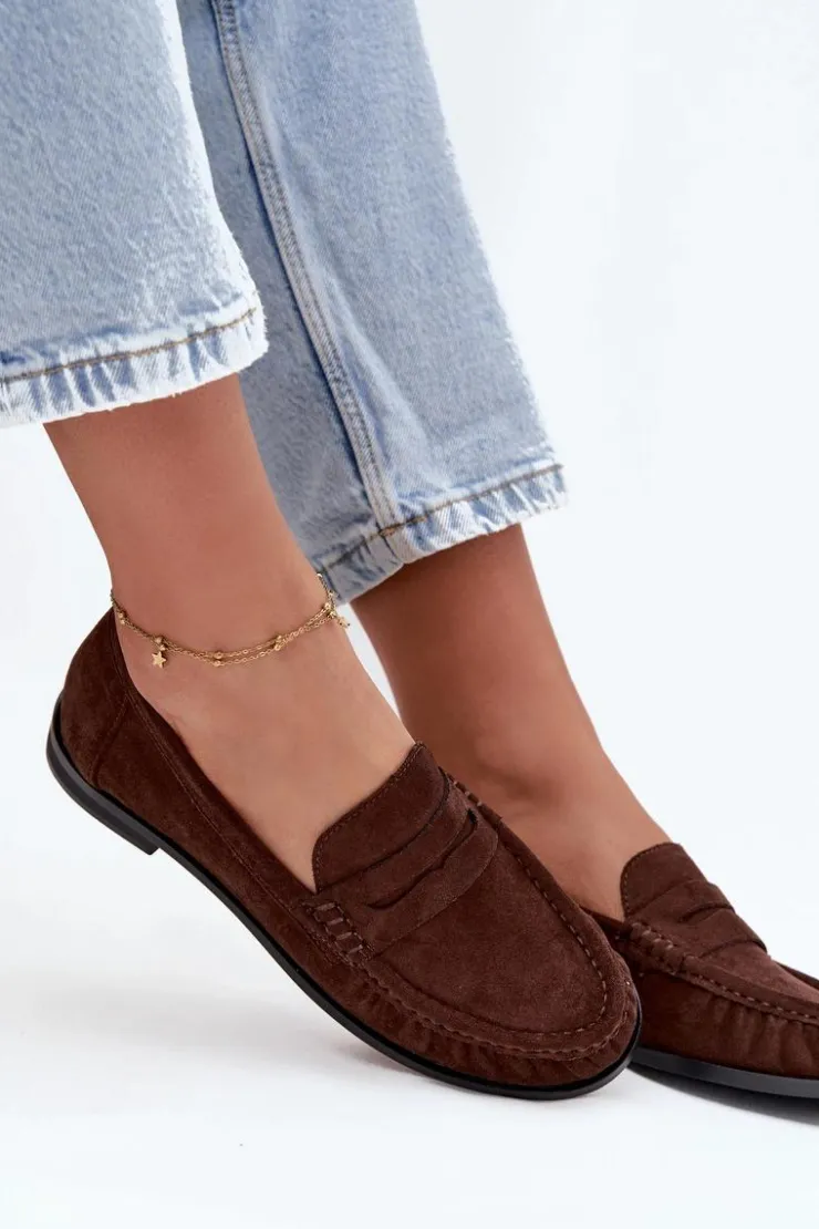 Damskie Boto Loafersy Damskie Na Płaskim Obcasie Z Eko Zamszu Brązowe Rivianne