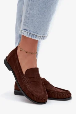 Damskie Boto Loafersy Damskie Na Płaskim Obcasie Z Eko Zamszu Brązowe Rivianne