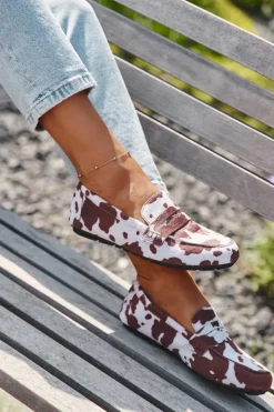 Sale Boto Loafersy Mokasyny Damskie Płaskie W Łaty Brązowo-Białe Roseline