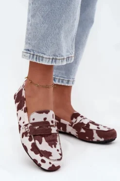 Sale Boto Loafersy Mokasyny Damskie Płaskie W Łaty Brązowo-Białe Roseline