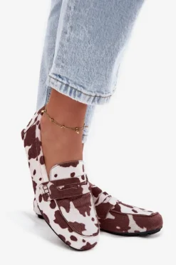 Sale Boto Loafersy Mokasyny Damskie Płaskie W Łaty Brązowo-Białe Roseline