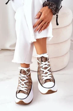 Boto Trampki Damskie Wysokie*Logowane Trampki Na Platformie Brązowe Electric Love