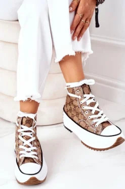 Boto Trampki Damskie Wysokie*Logowane Trampki Na Platformie Brązowe Electric Love