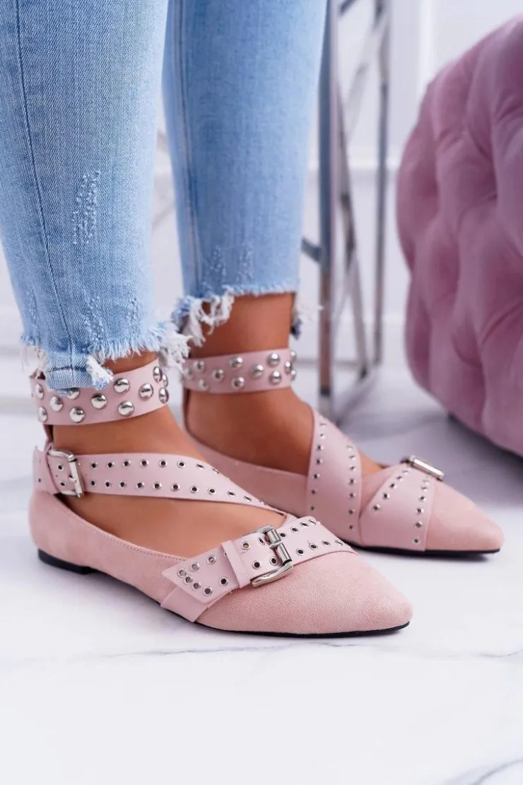 Boto Baleriny Klasyczne*Lu Boo | Baleriny W Szpic Paski Nity Pudrowy Róż Esteria