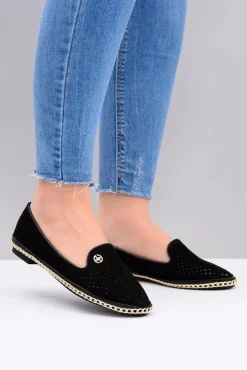 Boto Baleriny Klasyczne*Lu Boo | Czarne Ażurowe Balerinki Lordsy Stylish