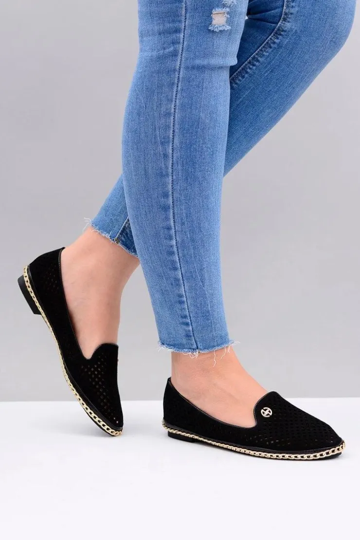 Boto Baleriny Klasyczne*Lu Boo | Czarne Ażurowe Balerinki Lordsy Stylish