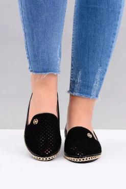Boto Baleriny Klasyczne*Lu Boo | Czarne Ażurowe Balerinki Lordsy Stylish